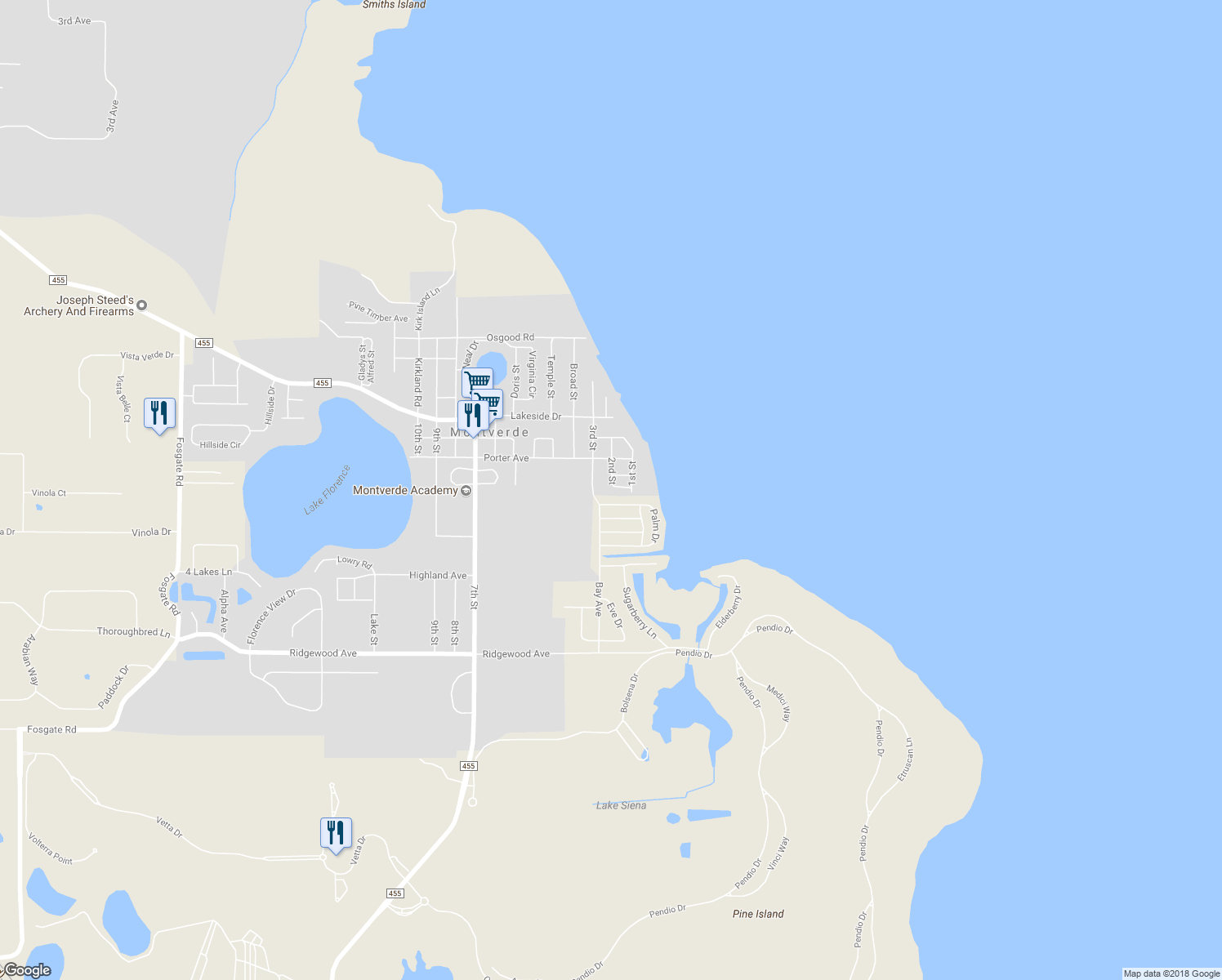 map of restaurants, bars, coffee shops, grocery stores, and more near 17319 2nd Street in Montverde