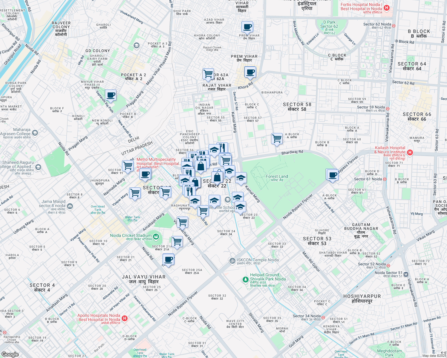 map of restaurants, bars, coffee shops, grocery stores, and more near Sector 22 Block G Road in Noida