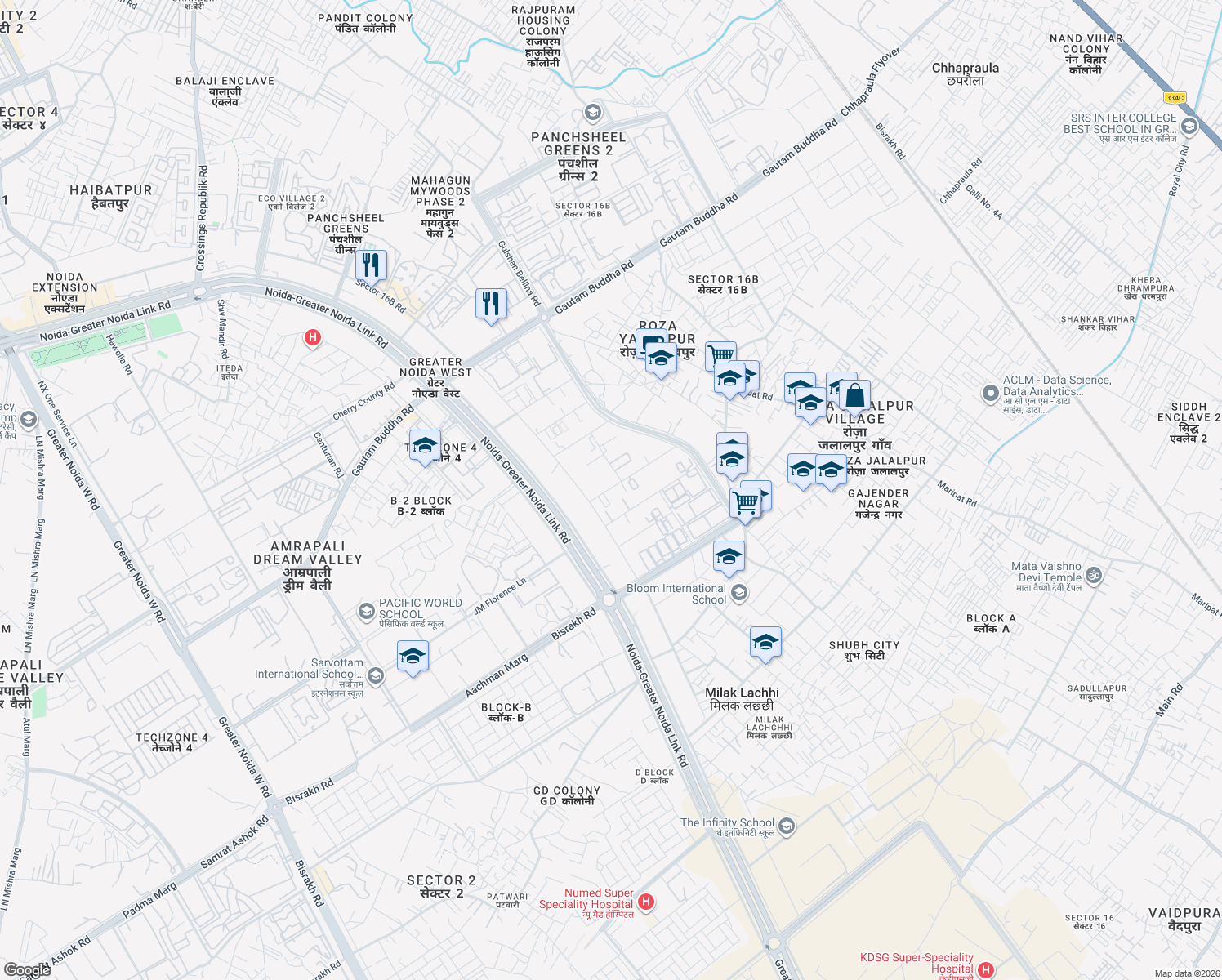map of restaurants, bars, coffee shops, grocery stores, and more near Noida-Greater Noida Link Road in Greater Noida