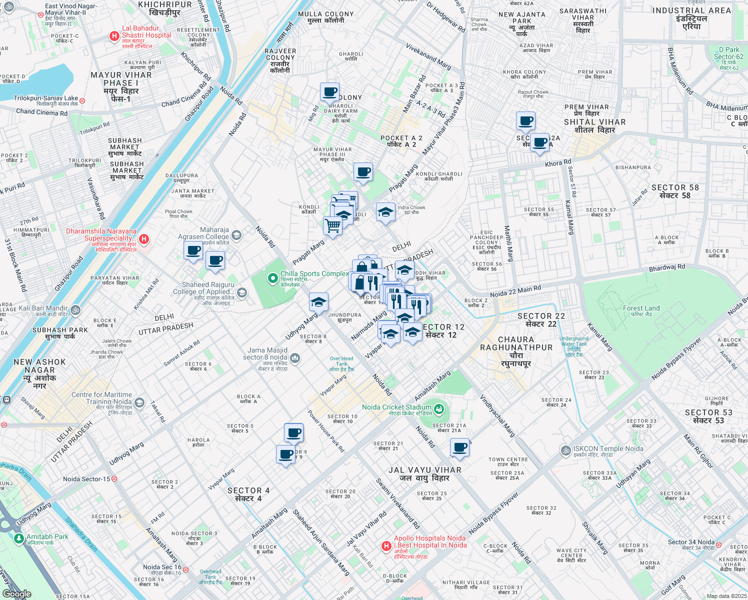 map of restaurants, bars, coffee shops, grocery stores, and more near in Noida