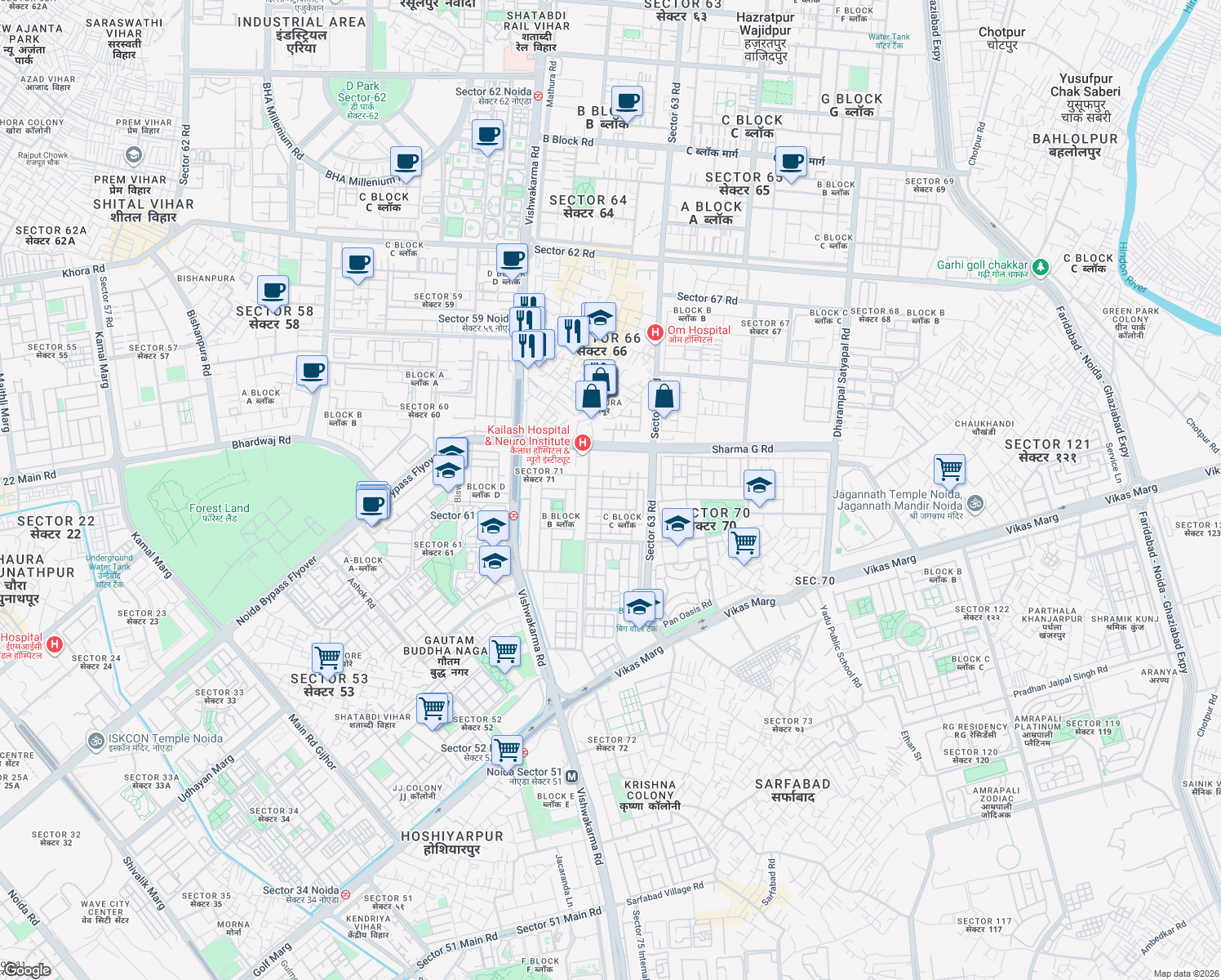 map of restaurants, bars, coffee shops, grocery stores, and more near 52 Park View Road in Noida