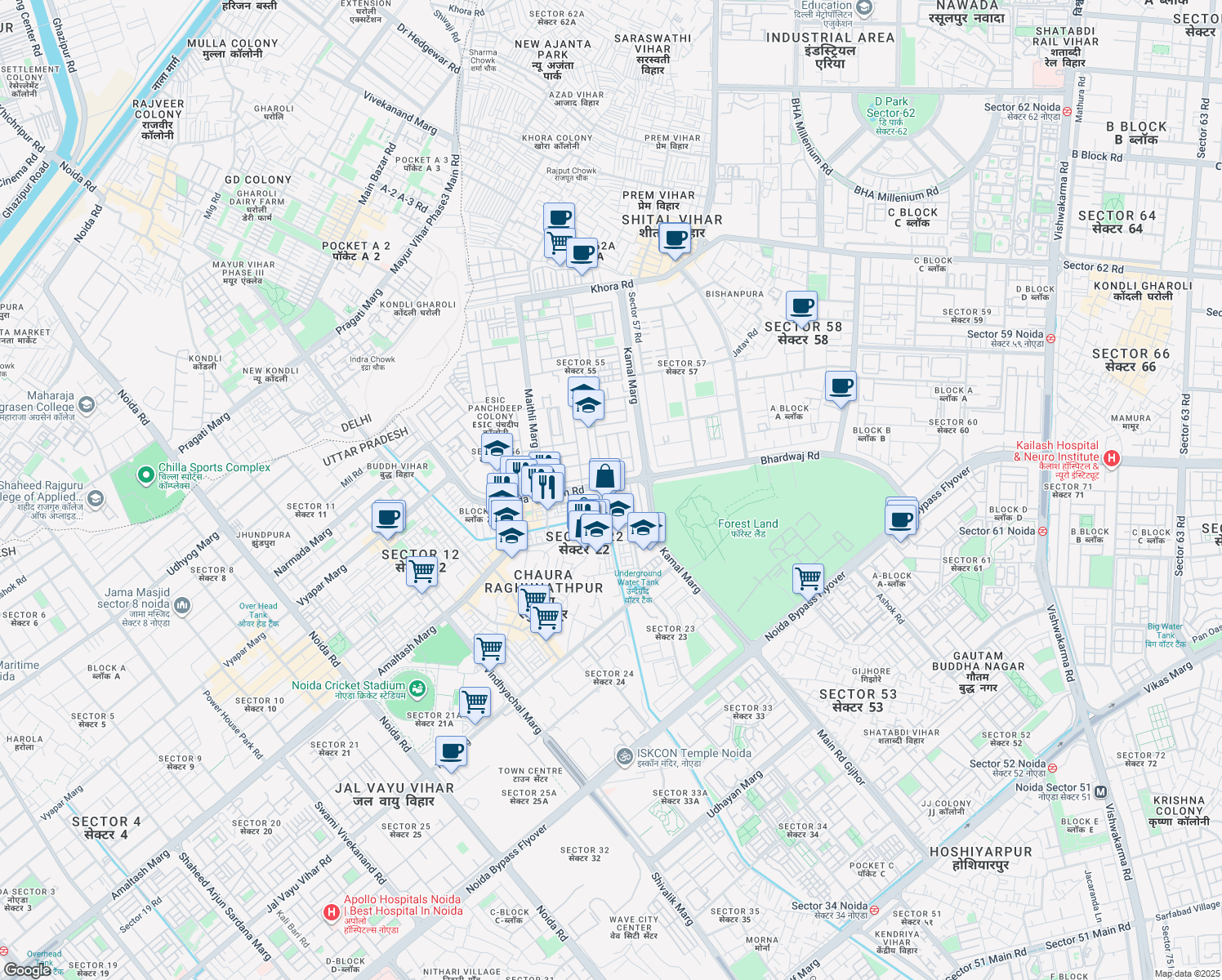map of restaurants, bars, coffee shops, grocery stores, and more near Sector 22 Block G Road in Noida