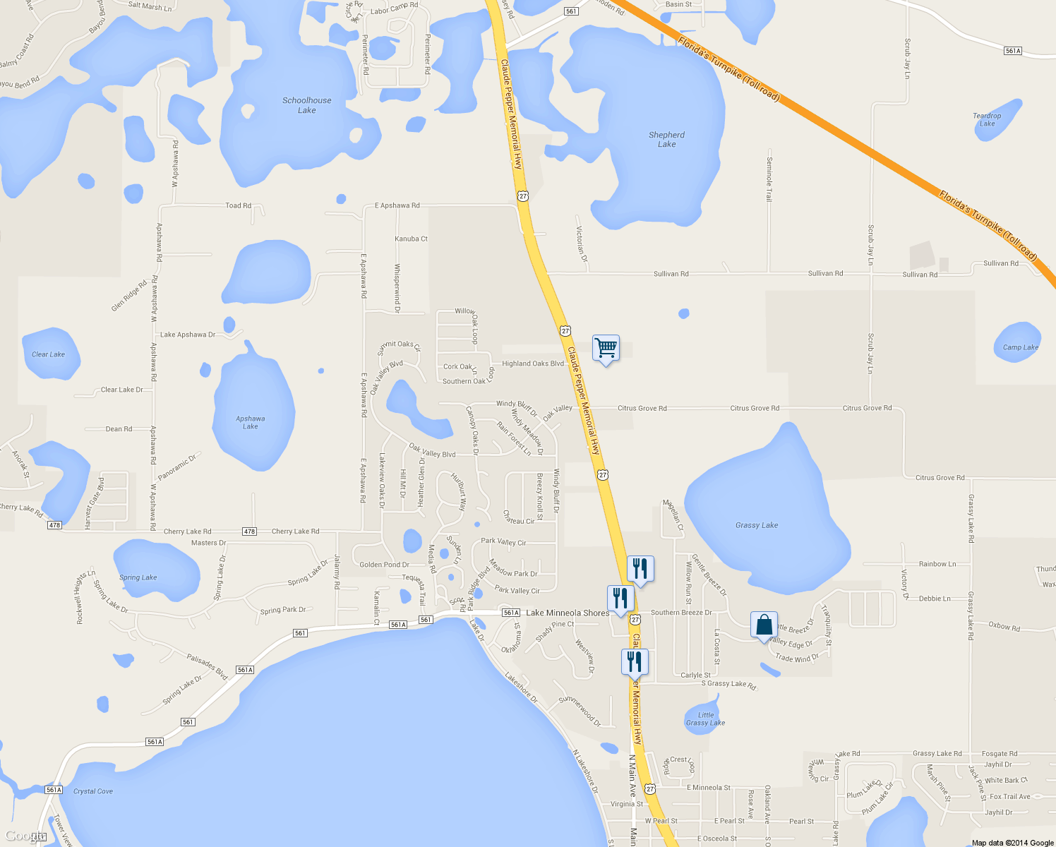 map of restaurants, bars, coffee shops, grocery stores, and more near 1303 Windy Meadow Drive in Minneola