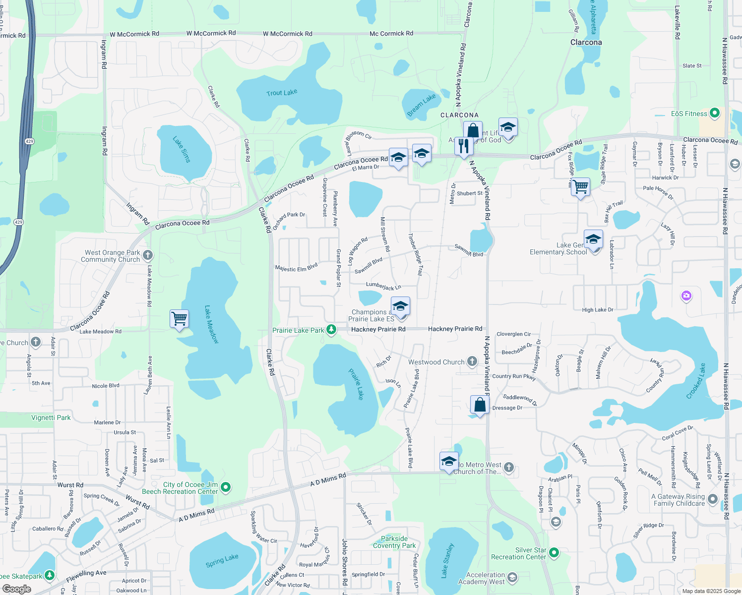 map of restaurants, bars, coffee shops, grocery stores, and more near 6747 Lumberjack Lane in Ocoee
