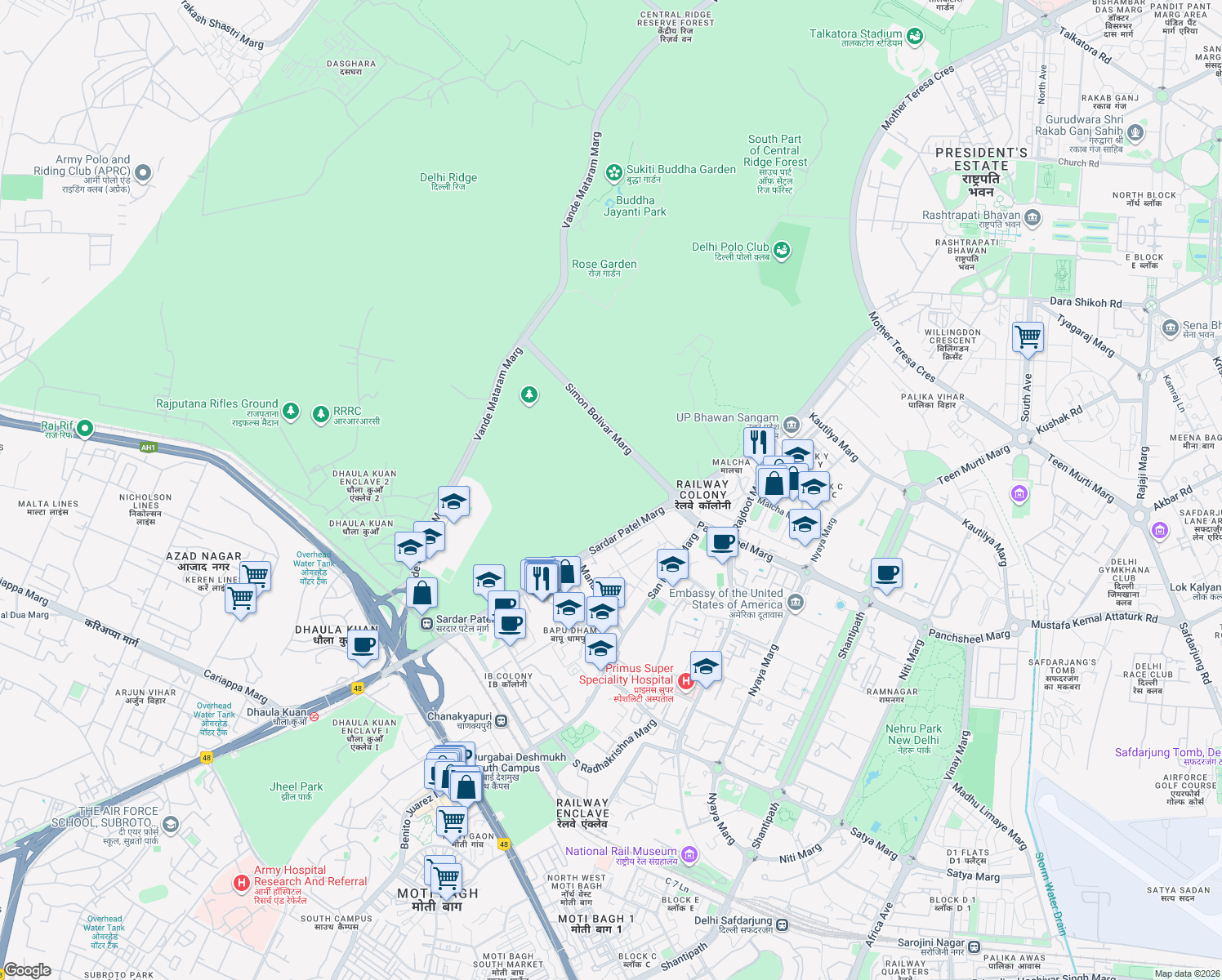 map of restaurants, bars, coffee shops, grocery stores, and more near in New Delhi