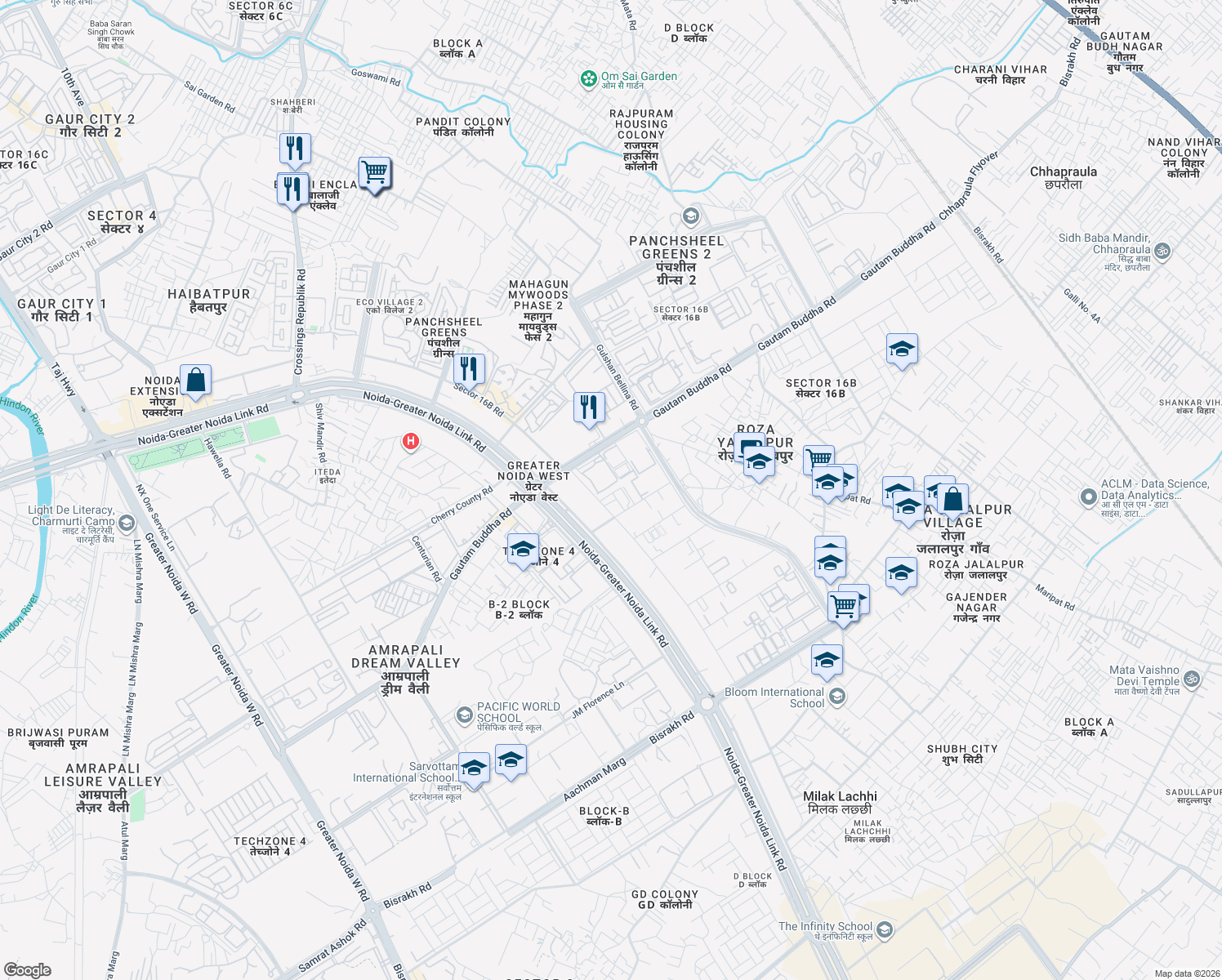 map of restaurants, bars, coffee shops, grocery stores, and more near Noida-Greater Noida Link Rd in Greater Noida