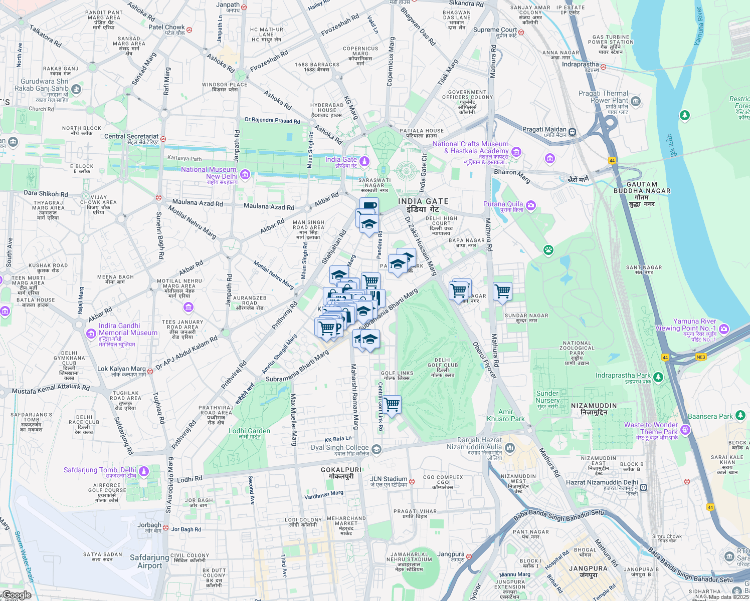 map of restaurants, bars, coffee shops, grocery stores, and more near CR DII/12 Pandara Road in New Delhi