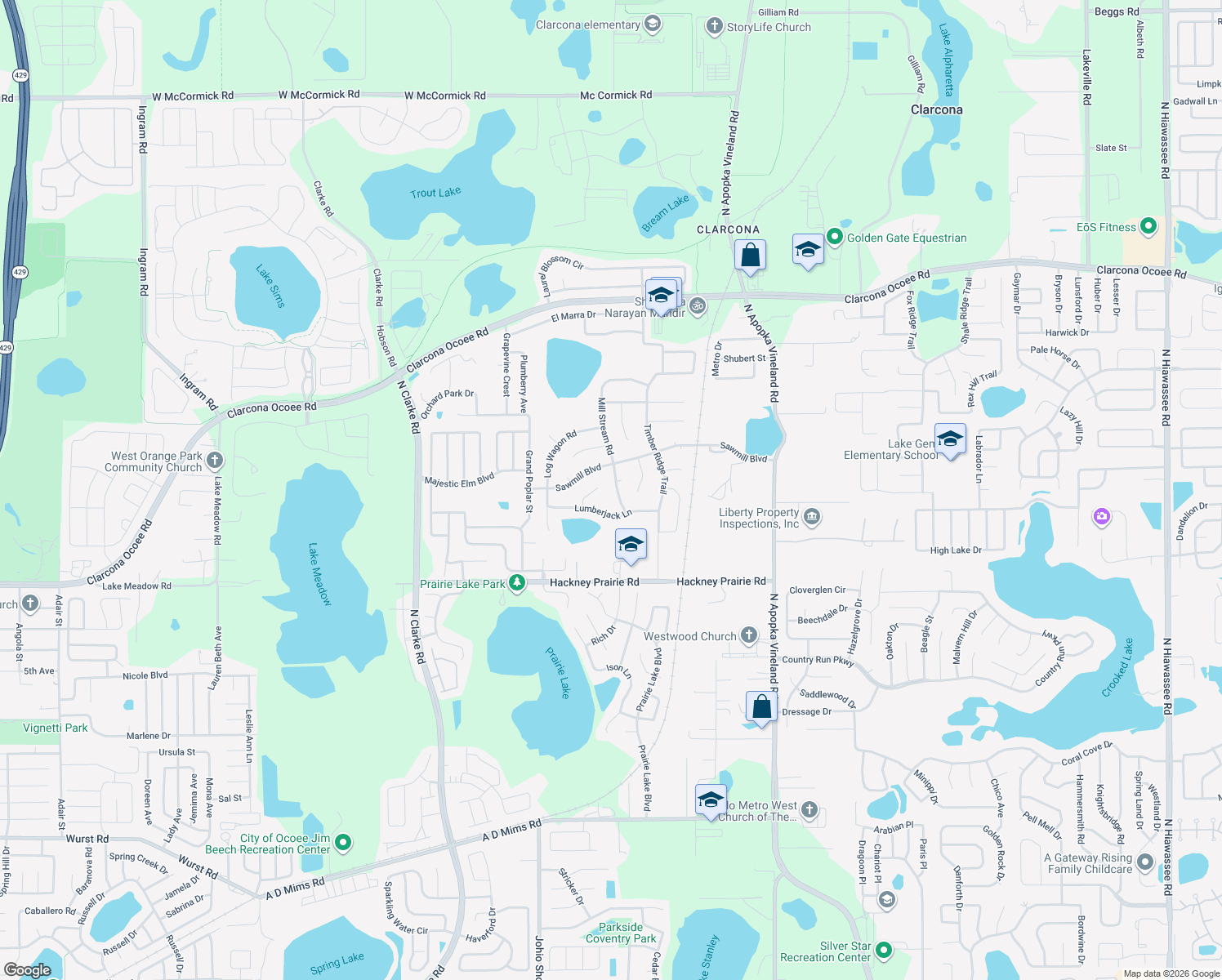 map of restaurants, bars, coffee shops, grocery stores, and more near 5020 Mill Stream Road in Ocoee