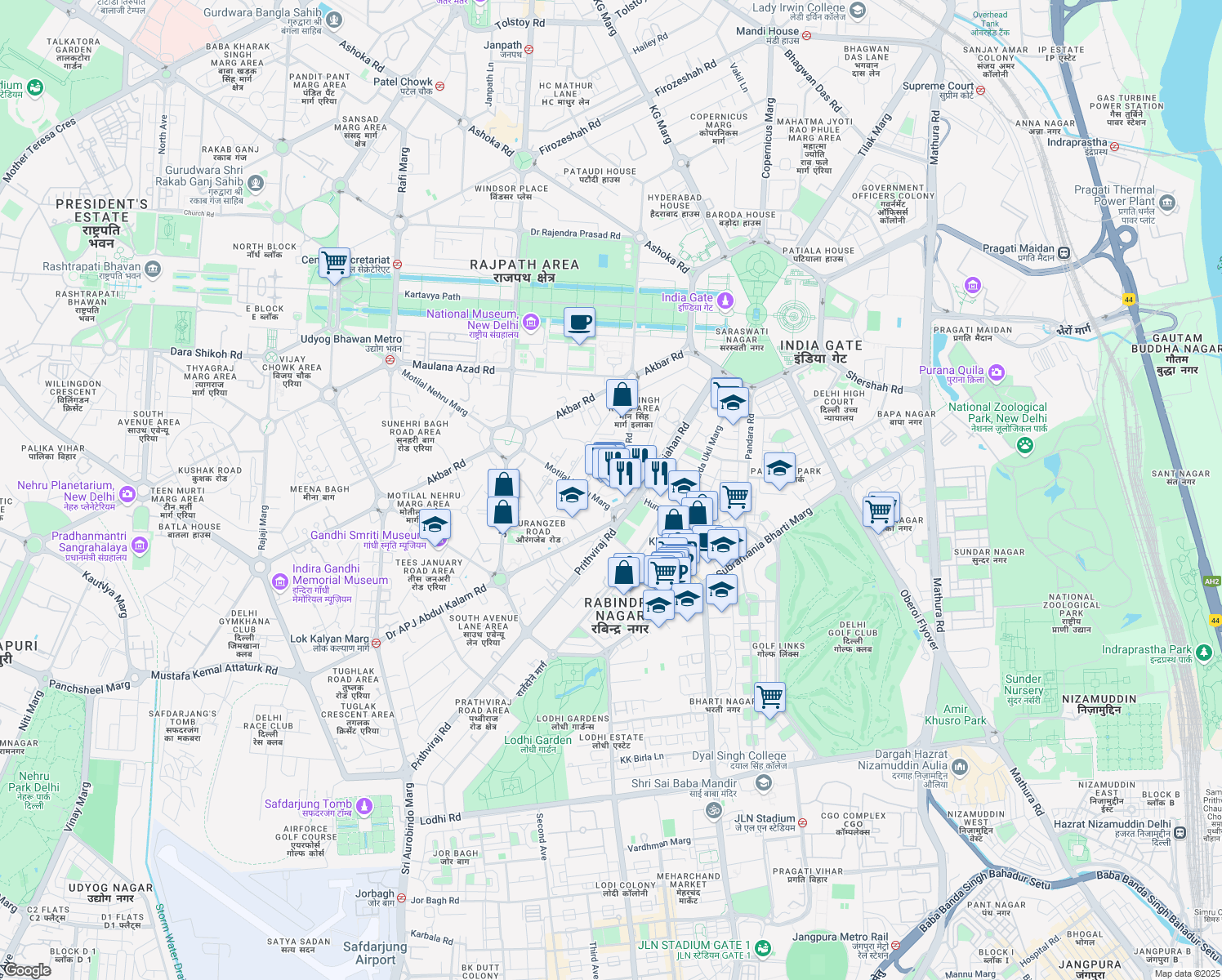 map of restaurants, bars, coffee shops, grocery stores, and more near Taj Mansingh Hotel Road in New Delhi