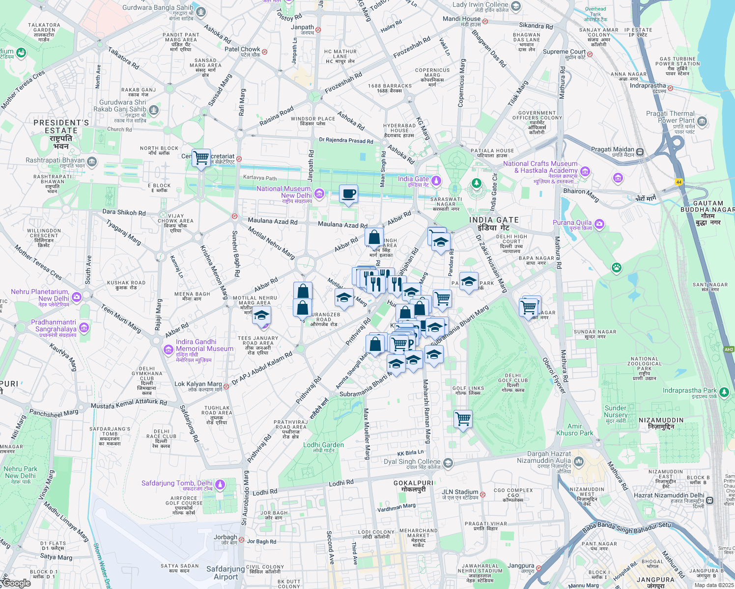 map of restaurants, bars, coffee shops, grocery stores, and more near Taj Mansingh Hotel Road in New Delhi