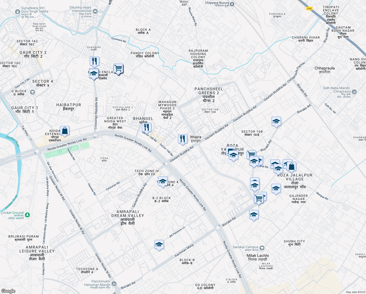 map of restaurants, bars, coffee shops, grocery stores, and more near Sector 16B Road in Greater Noida