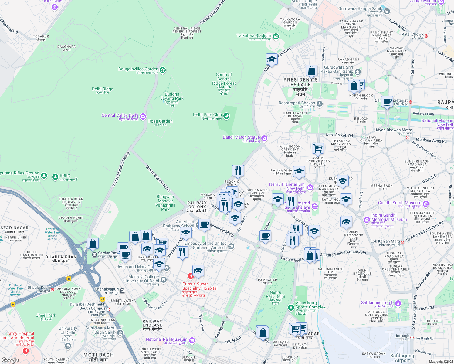 map of restaurants, bars, coffee shops, grocery stores, and more near Sardar Patel Marg in New Delhi