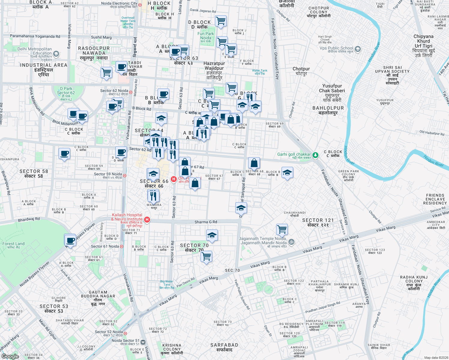 map of restaurants, bars, coffee shops, grocery stores, and more near Unnamed Road in Noida