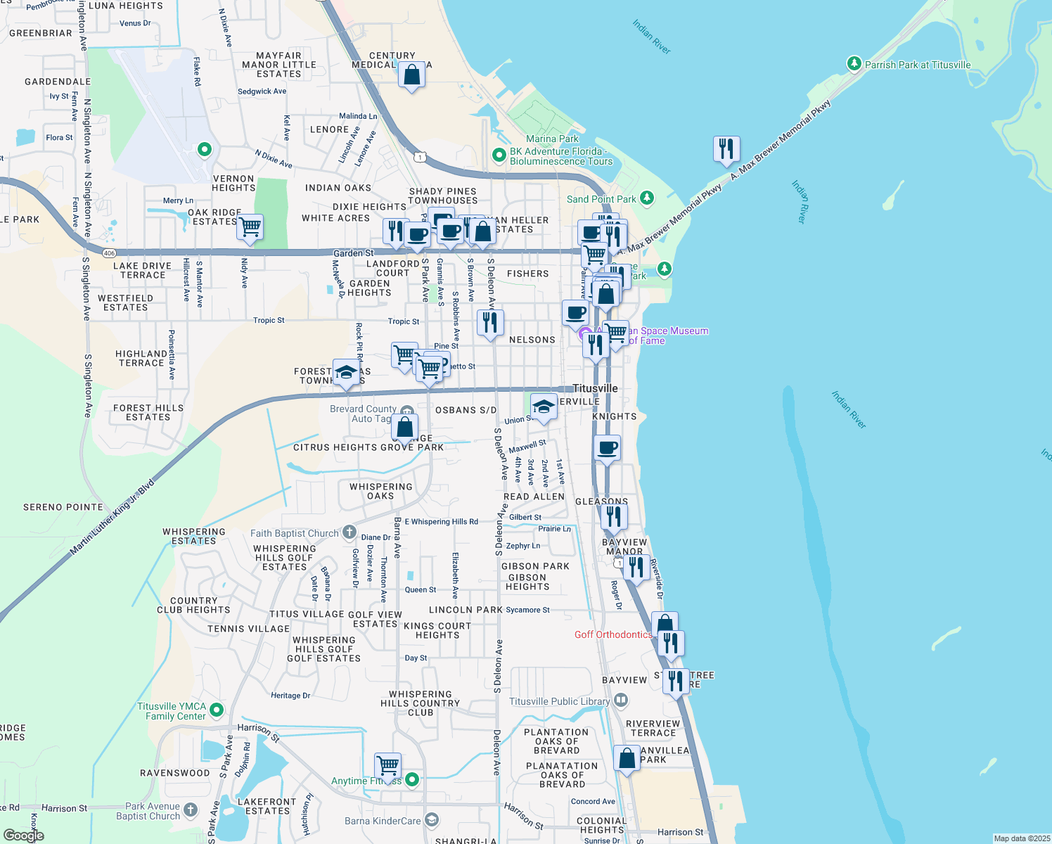 map of restaurants, bars, coffee shops, grocery stores, and more near 806 Olive Avenue in Titusville