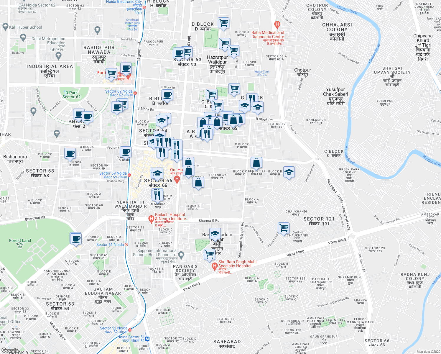 map of restaurants, bars, coffee shops, grocery stores, and more near Unnamed Road in Noida