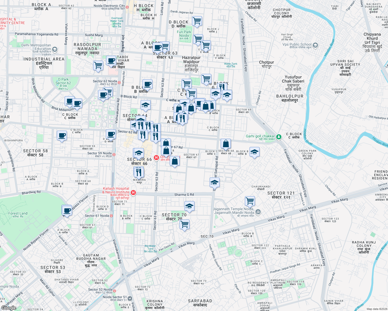 map of restaurants, bars, coffee shops, grocery stores, and more near Unnamed Road in Noida