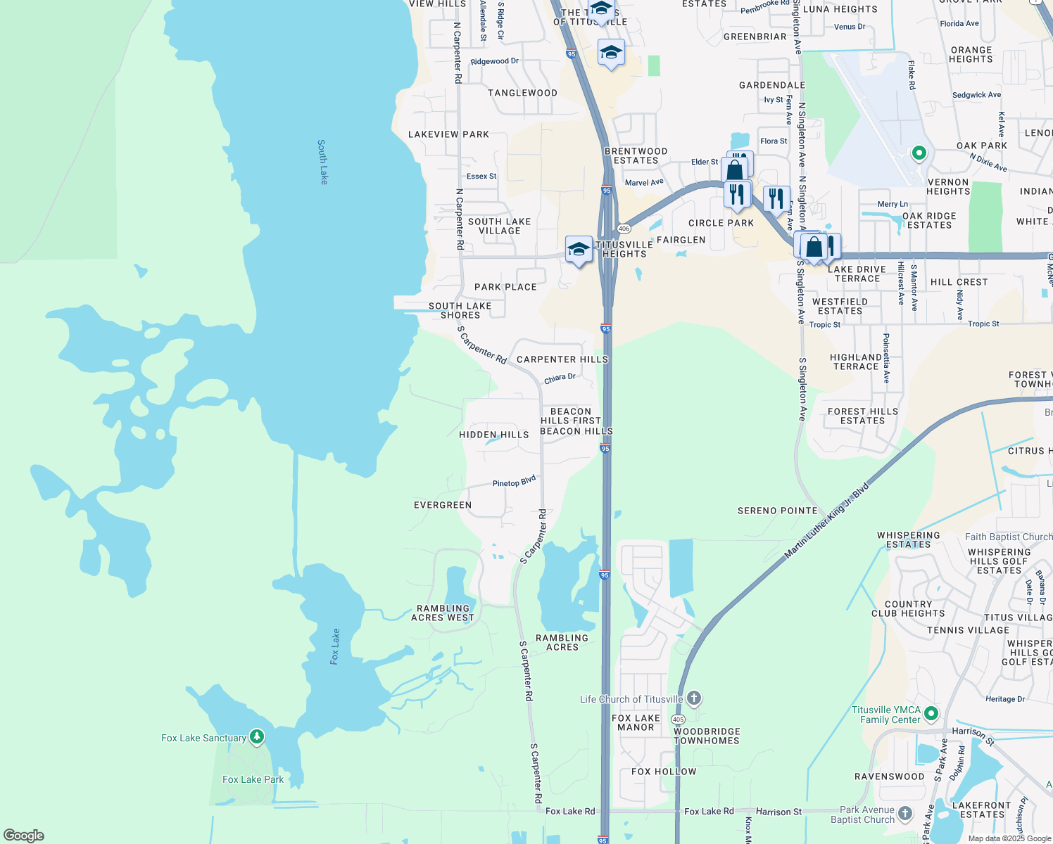 map of restaurants, bars, coffee shops, grocery stores, and more near 3800 Hidden Hills Drive in Titusville