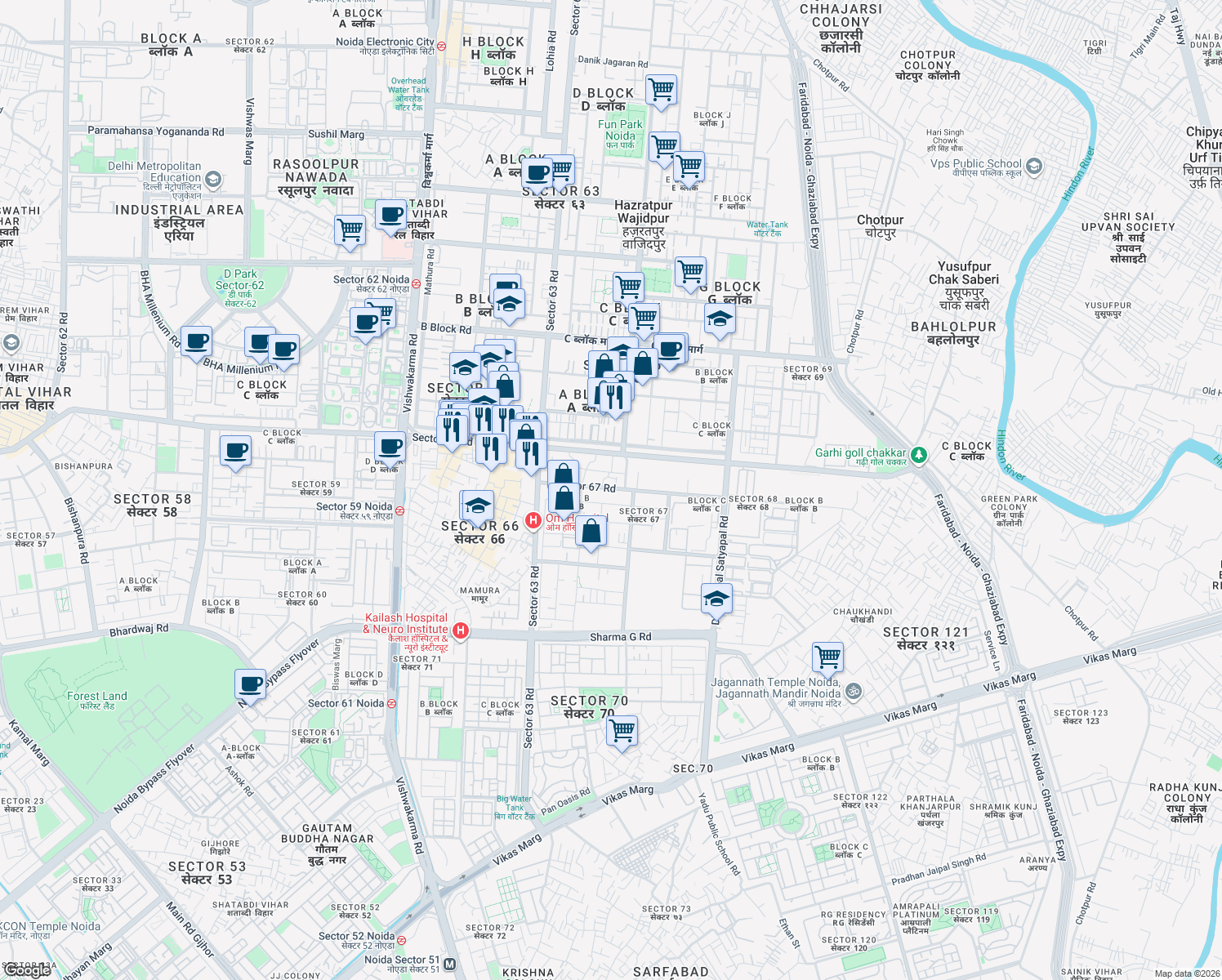 map of restaurants, bars, coffee shops, grocery stores, and more near B-20 Sector 67 Road in Noida