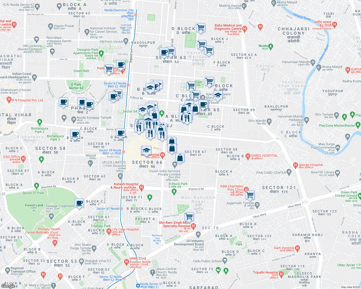 map of restaurants, bars, coffee shops, grocery stores, and more near B-20 Sector 67 Road in Noida