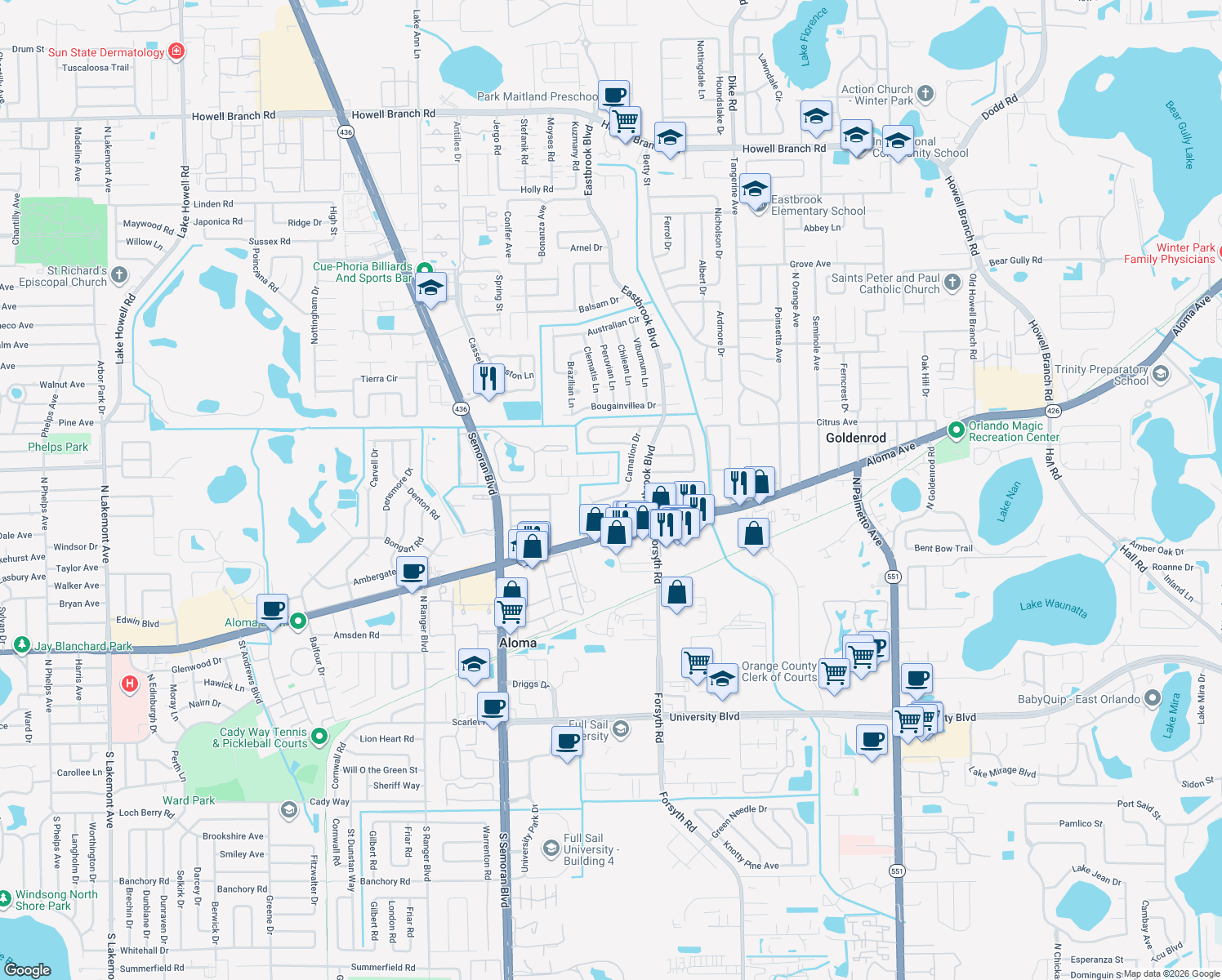 map of restaurants, bars, coffee shops, grocery stores, and more near 745 Carnation Drive in Winter Park