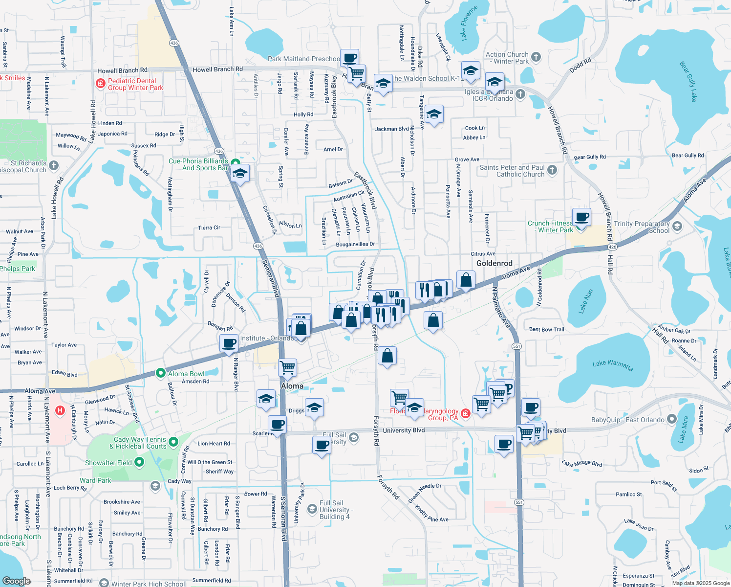 map of restaurants, bars, coffee shops, grocery stores, and more near 737 Eastbrook Boulevard in Winter Park