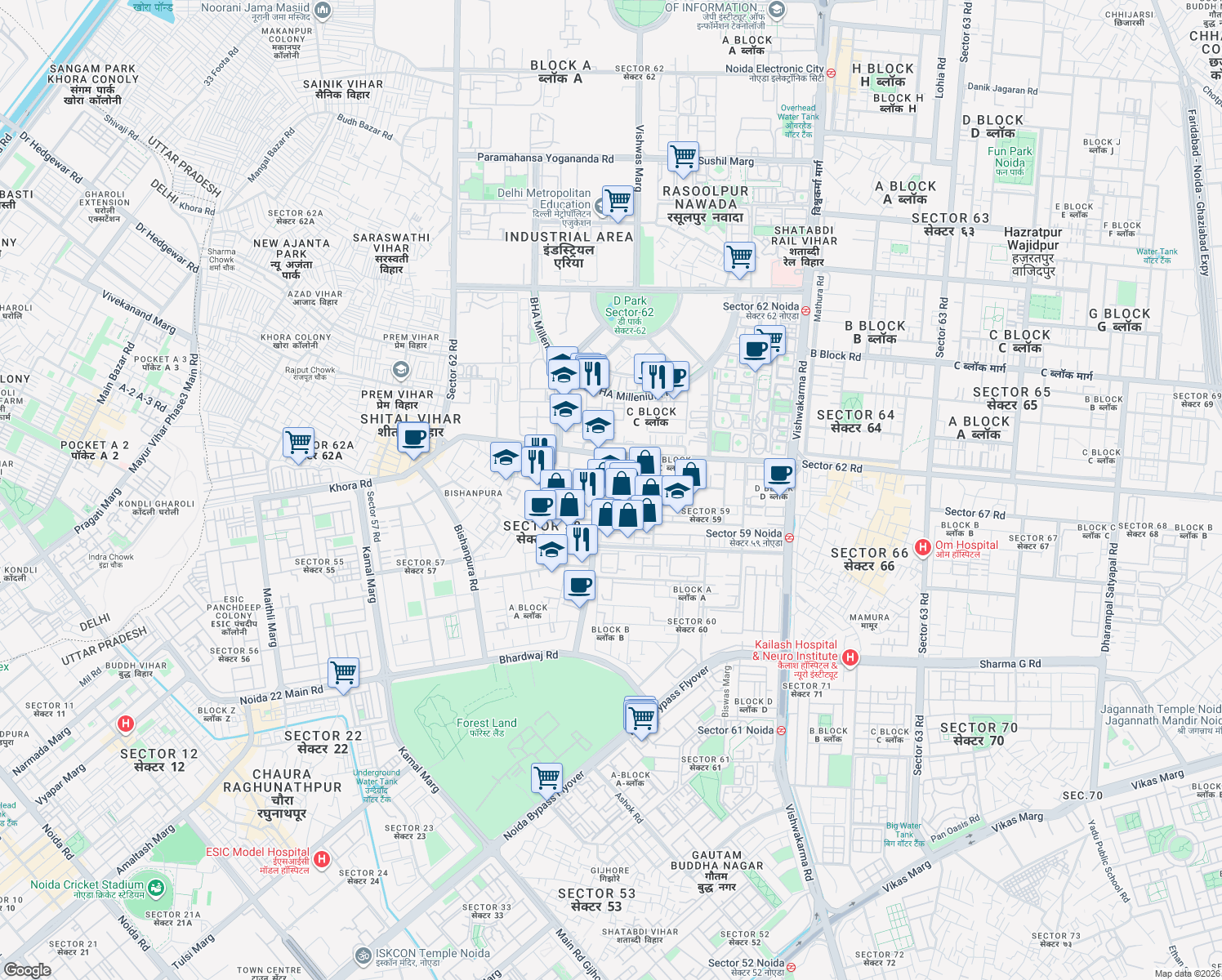 map of restaurants, bars, coffee shops, grocery stores, and more near Overseas Lane in Noida