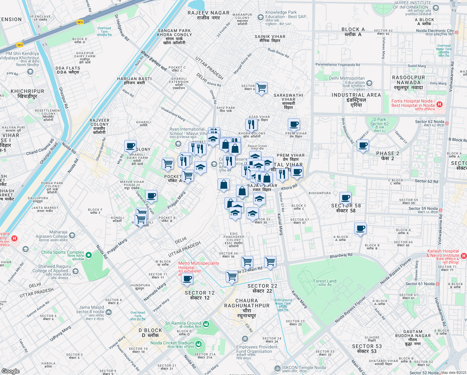 map of restaurants, bars, coffee shops, grocery stores, and more near in Noida
