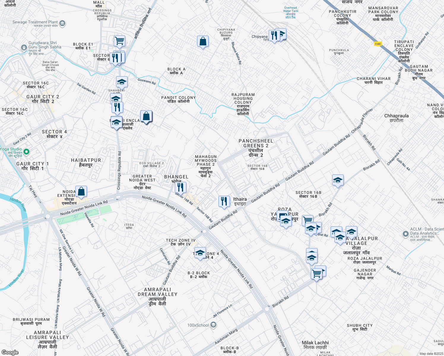 map of restaurants, bars, coffee shops, grocery stores, and more near Sector 16B Road in Greater Noida