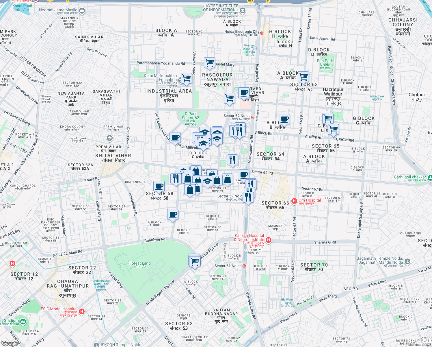map of restaurants, bars, coffee shops, grocery stores, and more near A-33 Local Road in New Okhla Industrial Development Area