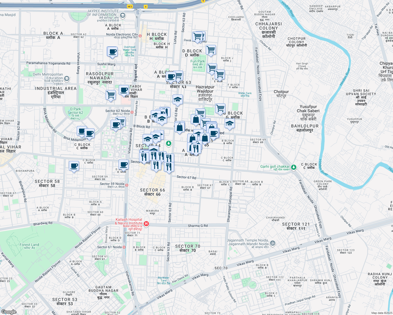 map of restaurants, bars, coffee shops, grocery stores, and more near in Noida