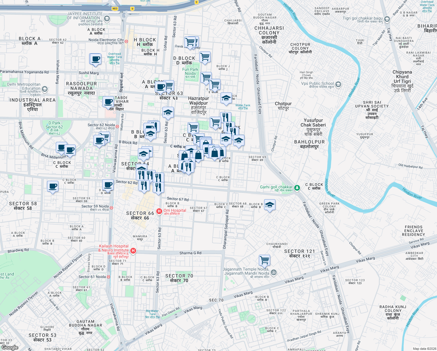 map of restaurants, bars, coffee shops, grocery stores, and more near in Noida