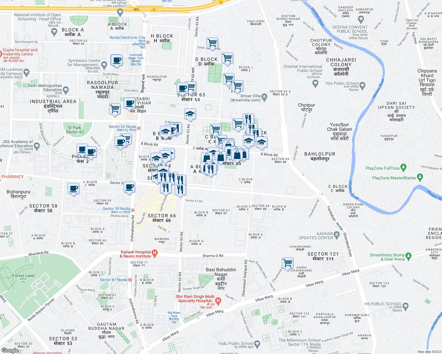 map of restaurants, bars, coffee shops, grocery stores, and more near in Noida