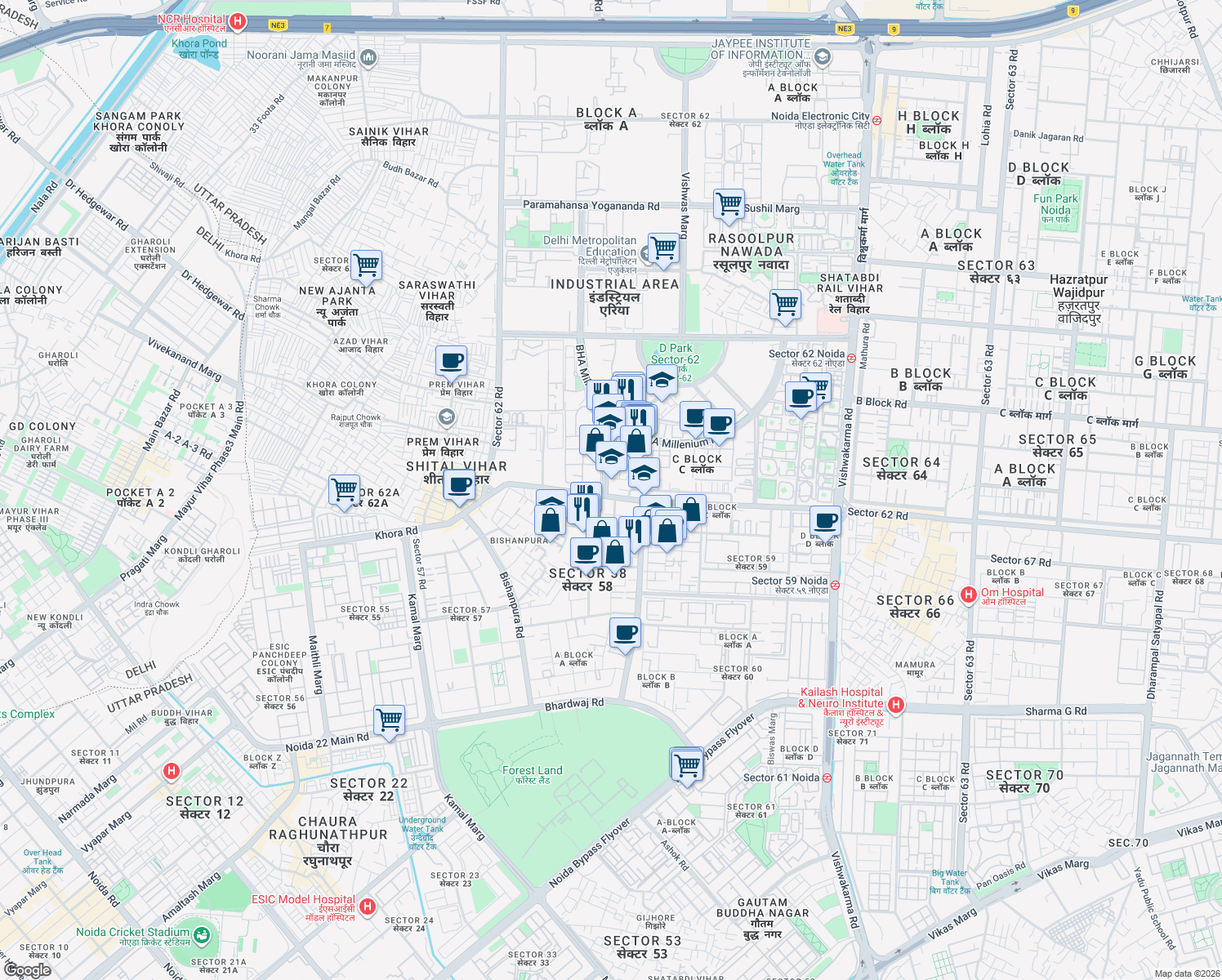 map of restaurants, bars, coffee shops, grocery stores, and more near in Noida