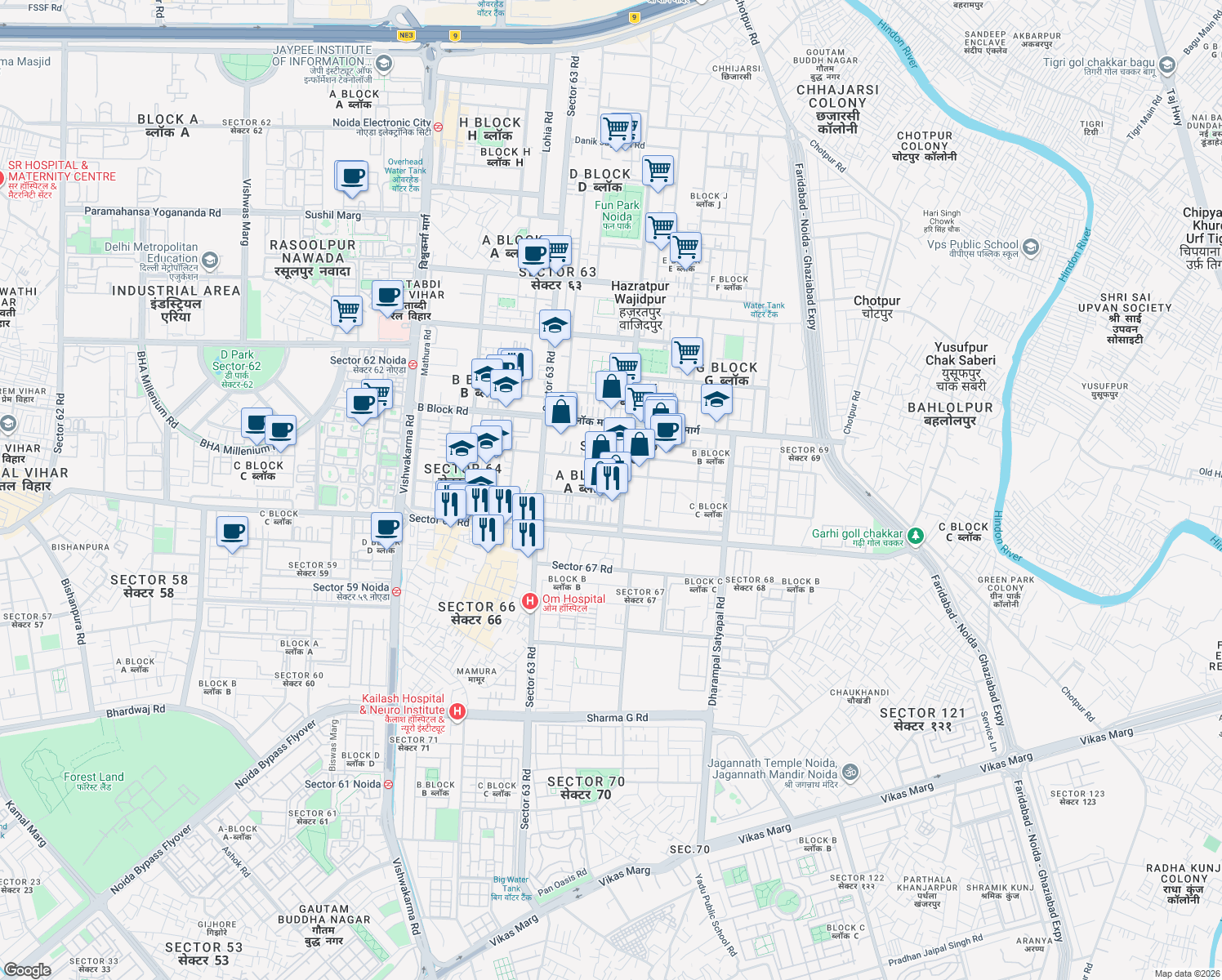map of restaurants, bars, coffee shops, grocery stores, and more near in Noida