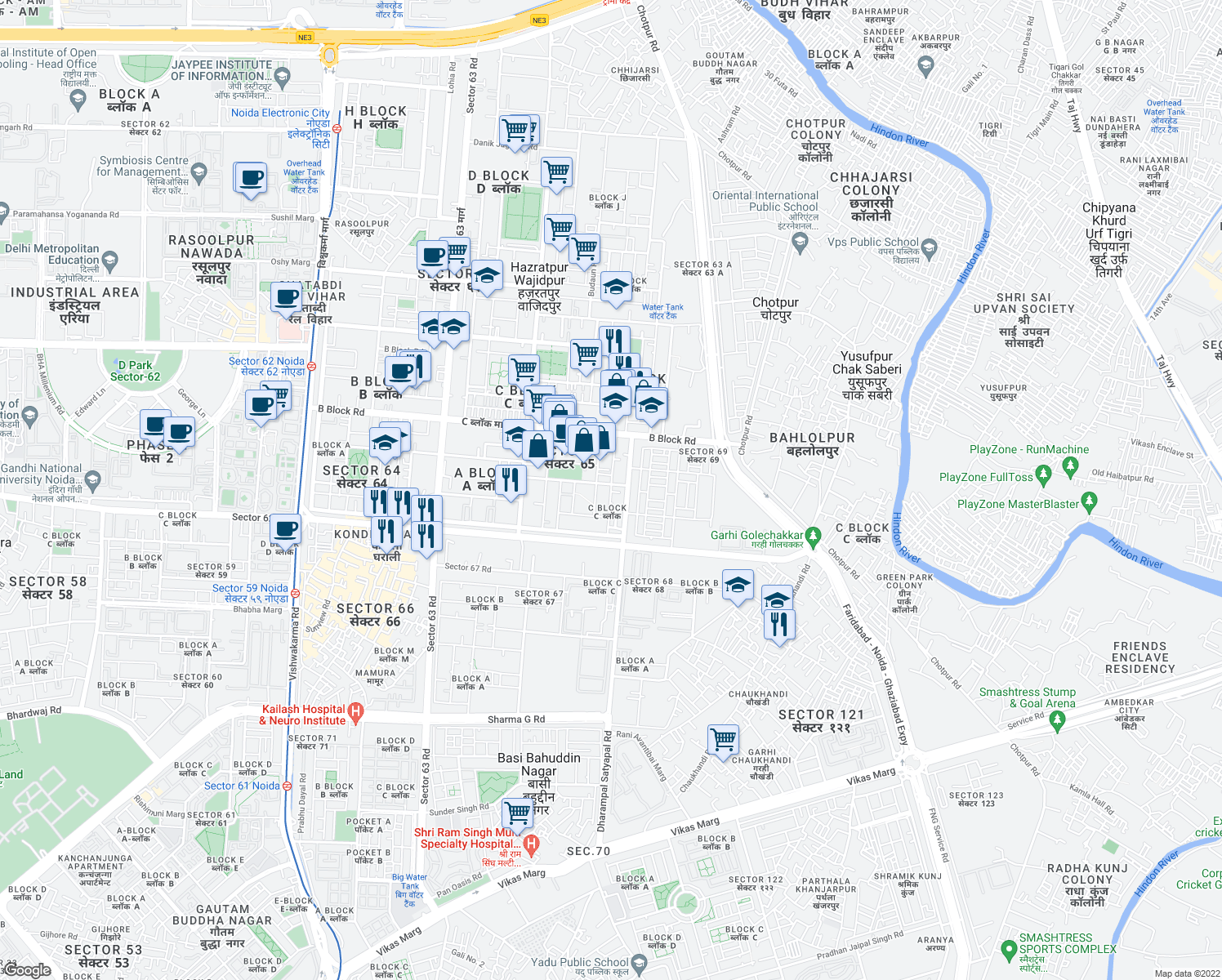 map of restaurants, bars, coffee shops, grocery stores, and more near Pusta Rd in New Okhla Industrial Development Area