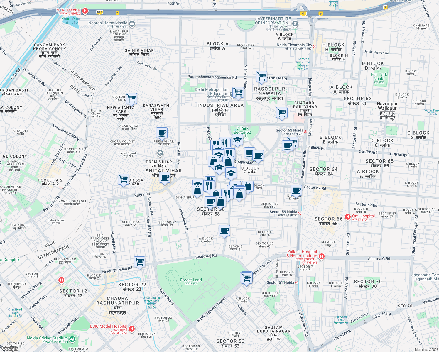 map of restaurants, bars, coffee shops, grocery stores, and more near in Noida