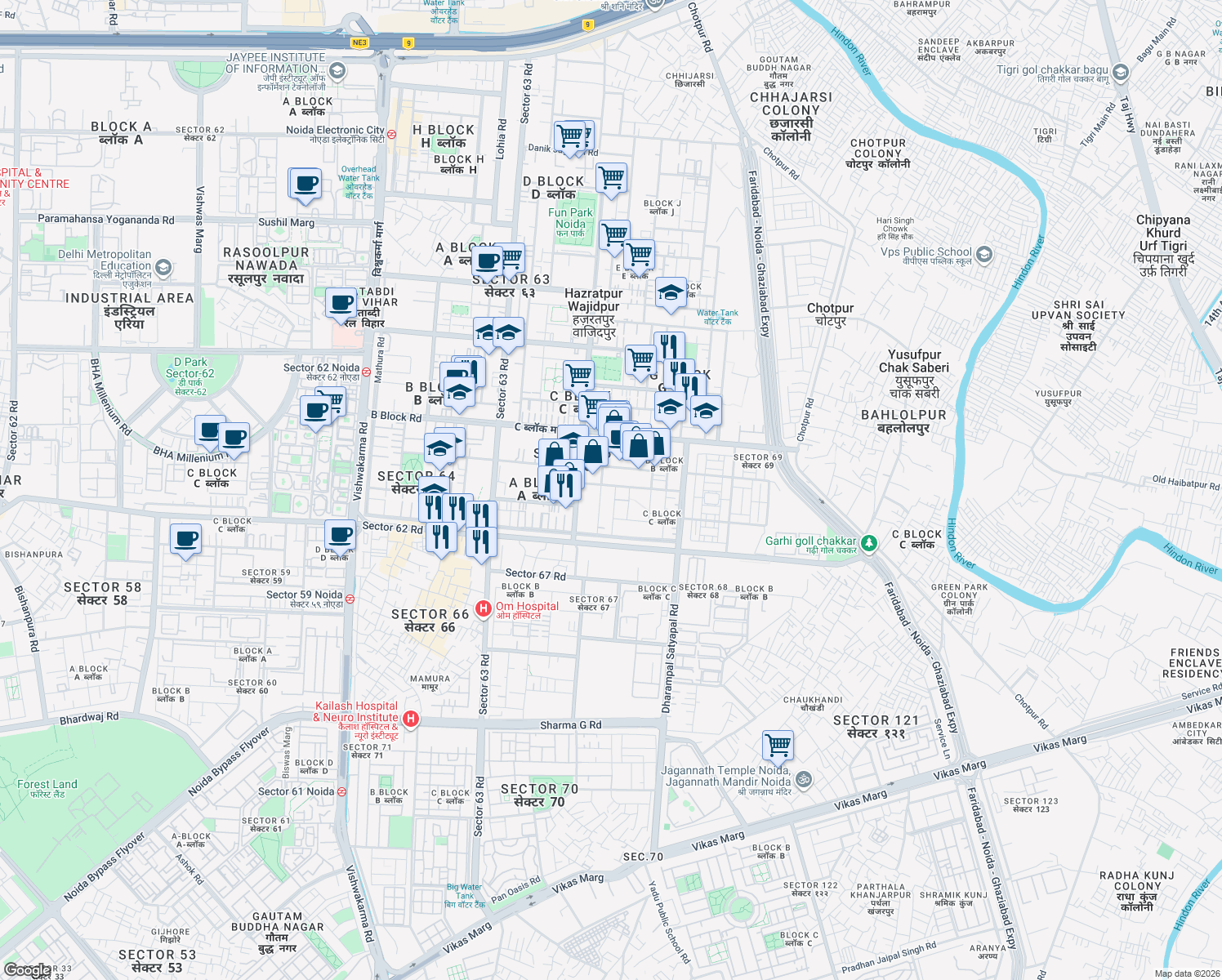 map of restaurants, bars, coffee shops, grocery stores, and more near in Noida