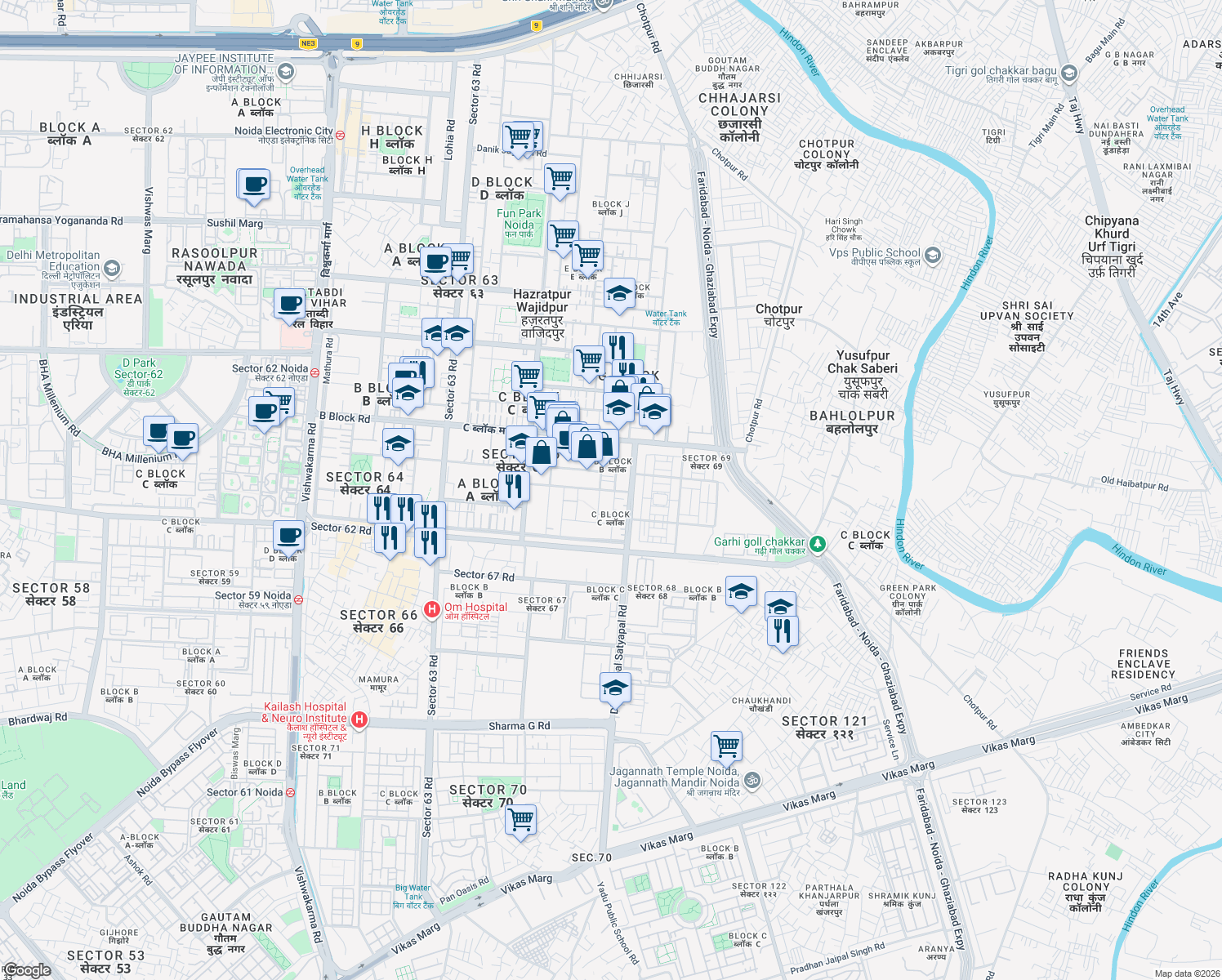 map of restaurants, bars, coffee shops, grocery stores, and more near Pusta Rd in New Okhla Industrial Development Area