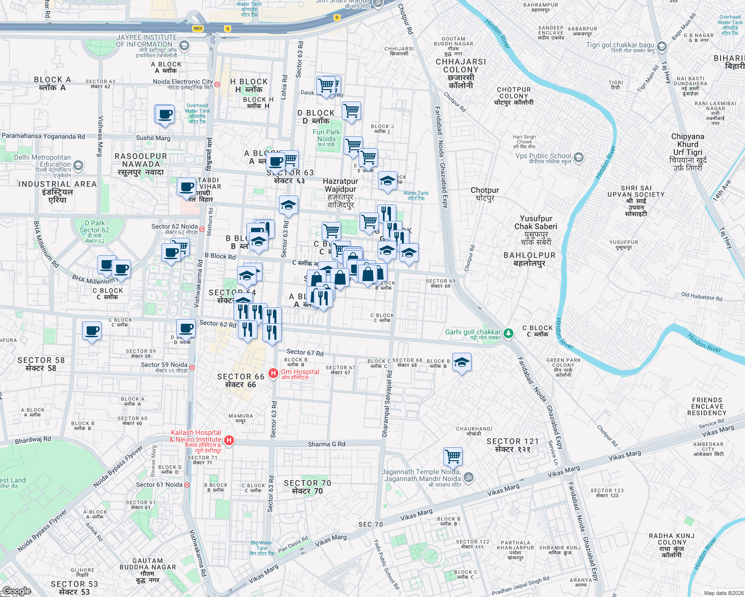 map of restaurants, bars, coffee shops, grocery stores, and more near in Noida