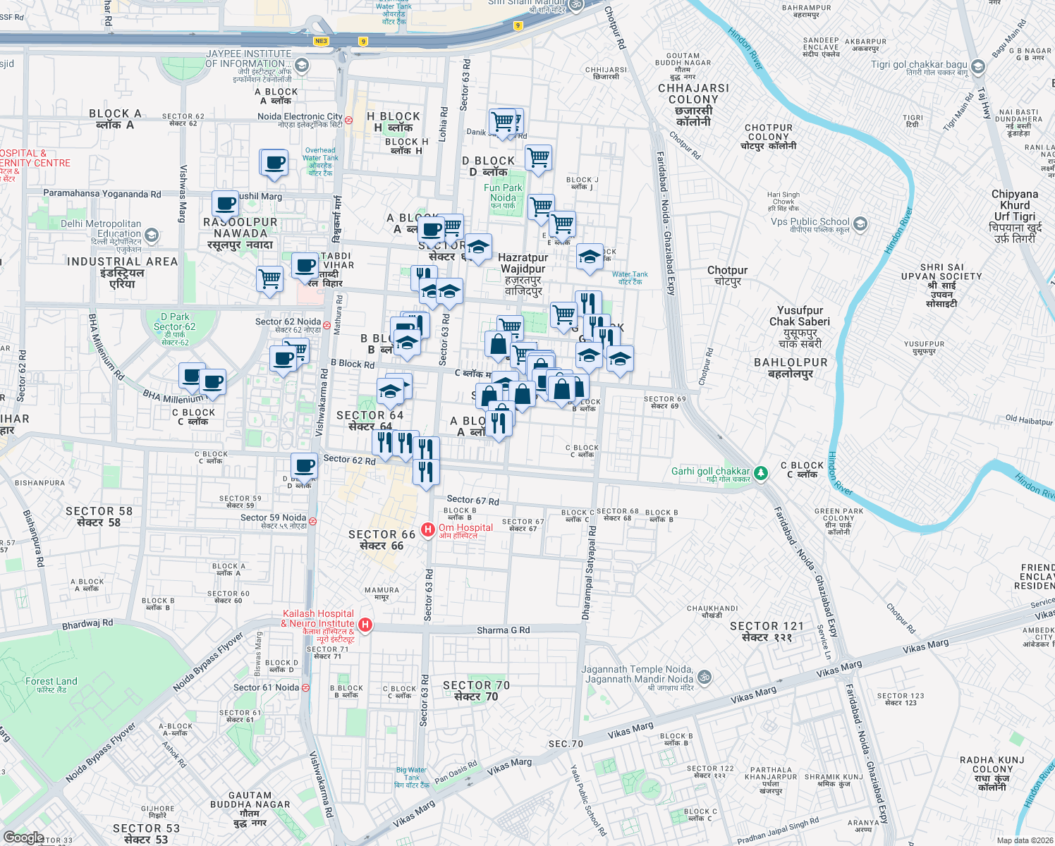 map of restaurants, bars, coffee shops, grocery stores, and more near in Noida