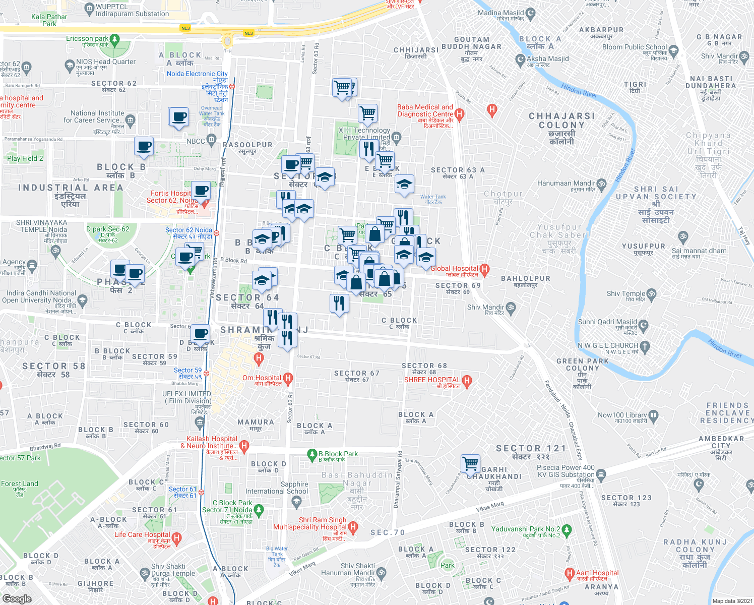 map of restaurants, bars, coffee shops, grocery stores, and more near in Noida