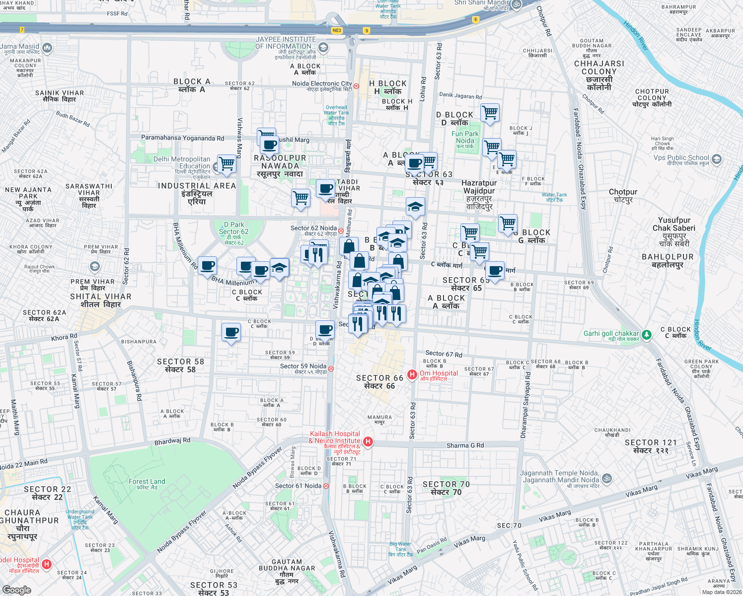 map of restaurants, bars, coffee shops, grocery stores, and more near in Noida