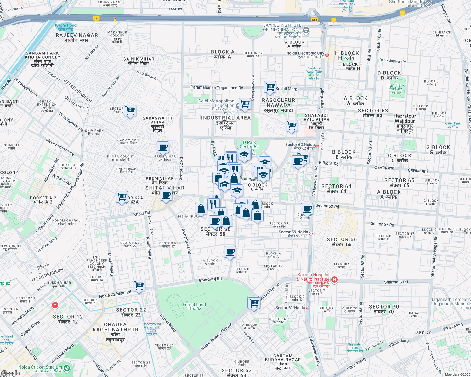 map of restaurants, bars, coffee shops, grocery stores, and more near in Noida