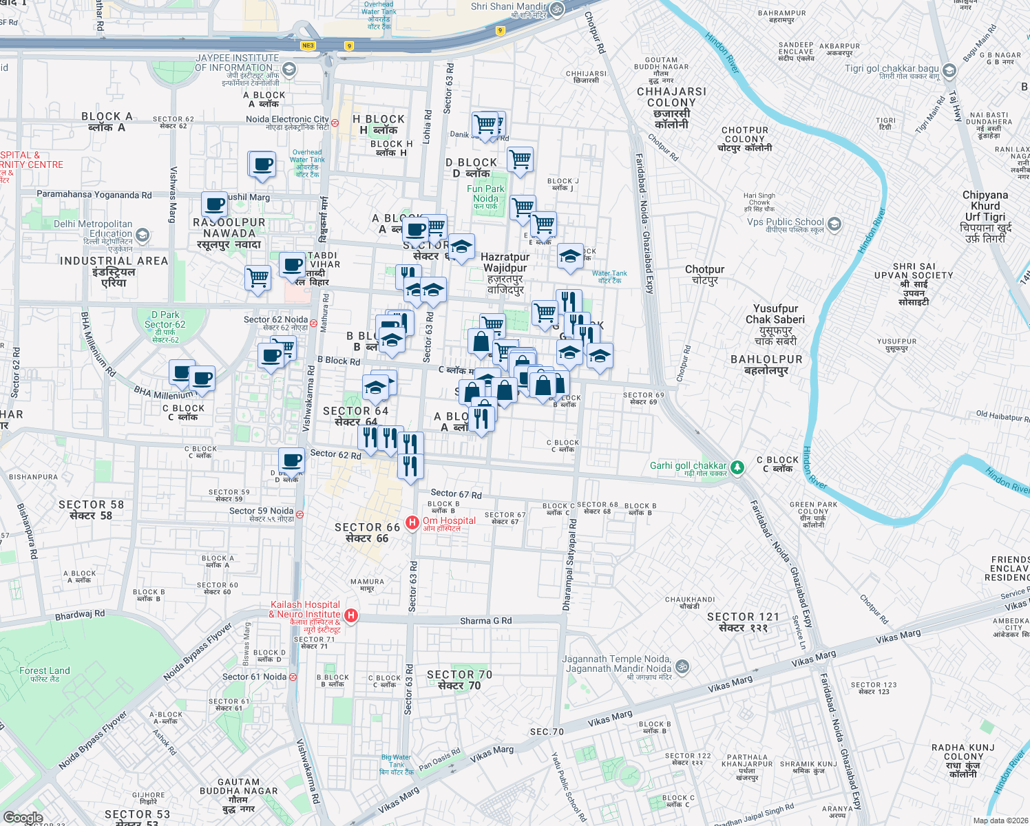 map of restaurants, bars, coffee shops, grocery stores, and more near in Noida