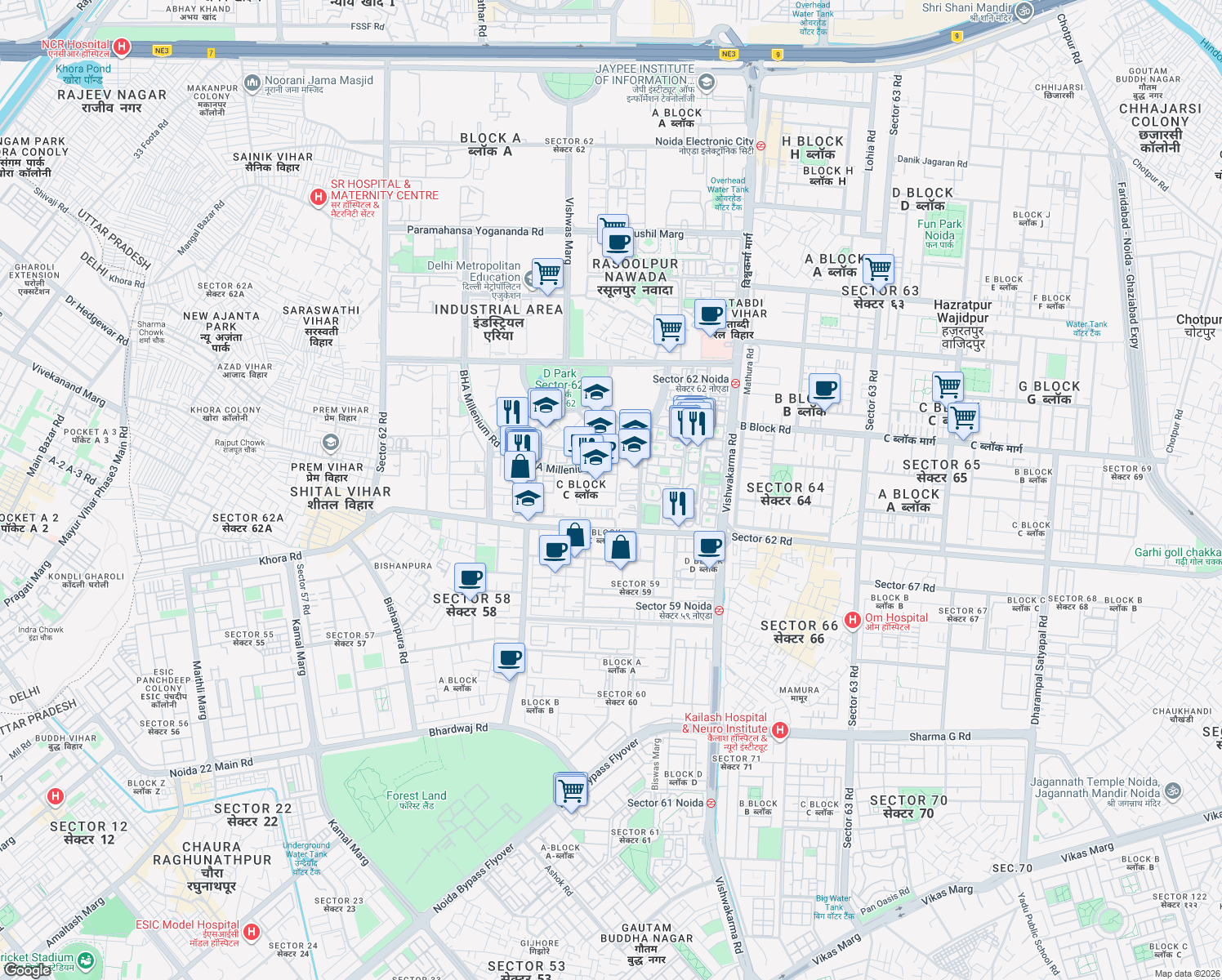 map of restaurants, bars, coffee shops, grocery stores, and more near in Noida