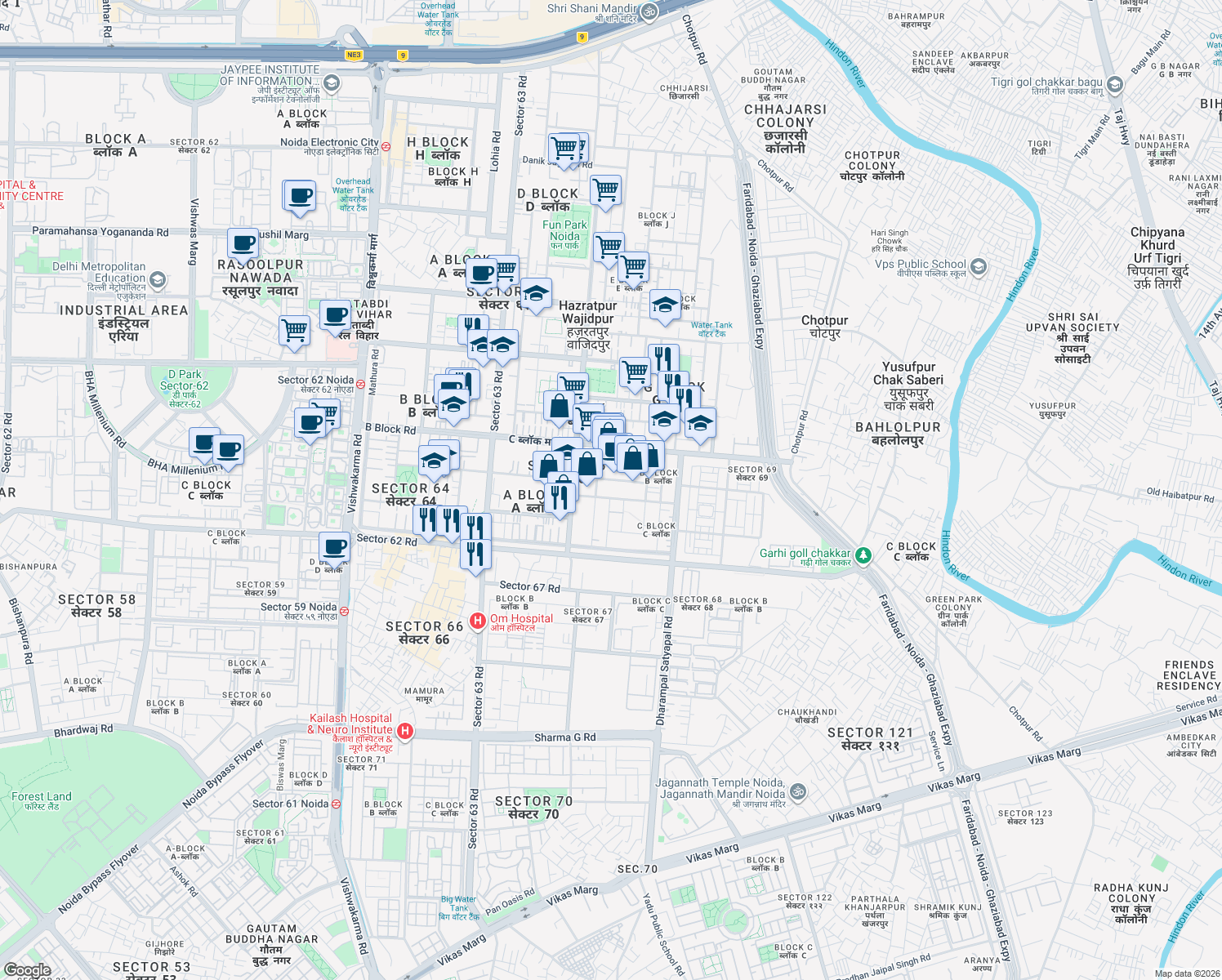 map of restaurants, bars, coffee shops, grocery stores, and more near in Noida