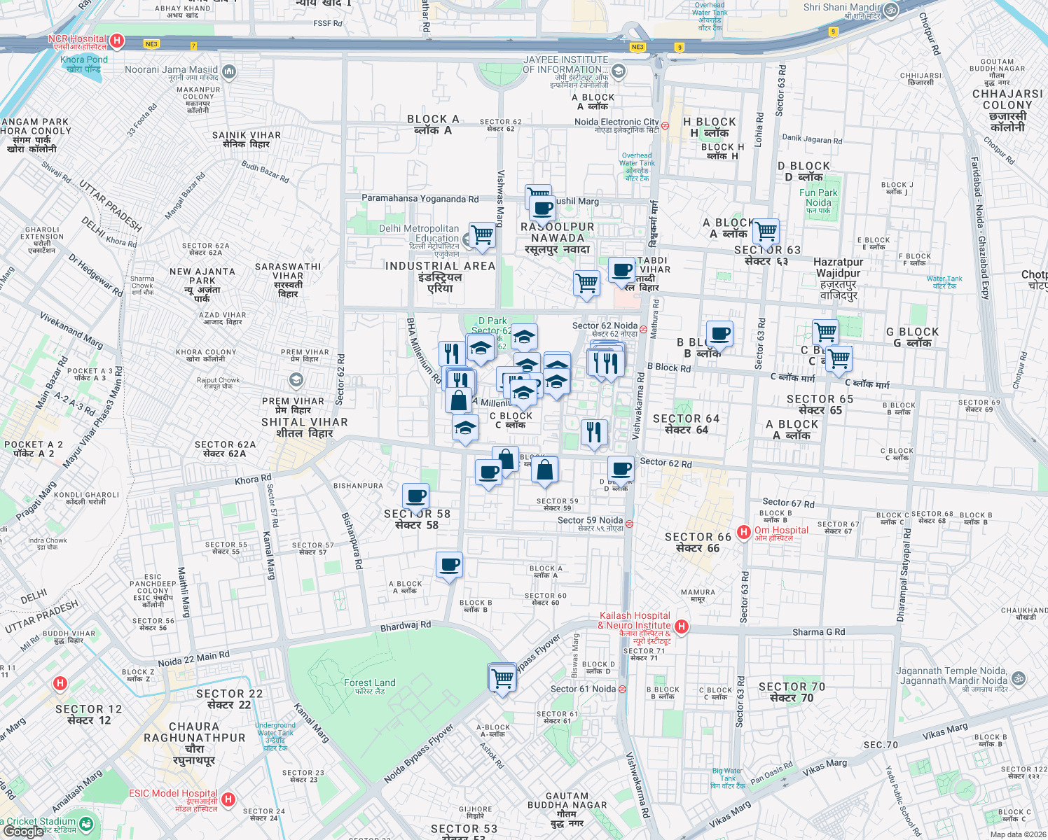 map of restaurants, bars, coffee shops, grocery stores, and more near in Noida
