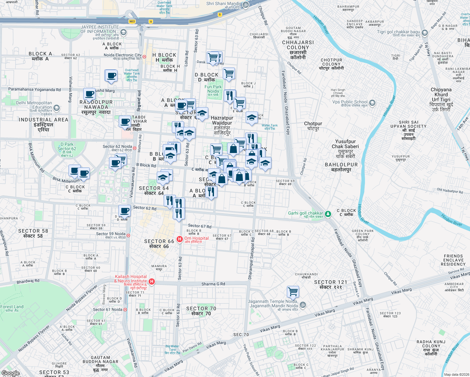 map of restaurants, bars, coffee shops, grocery stores, and more near in Noida