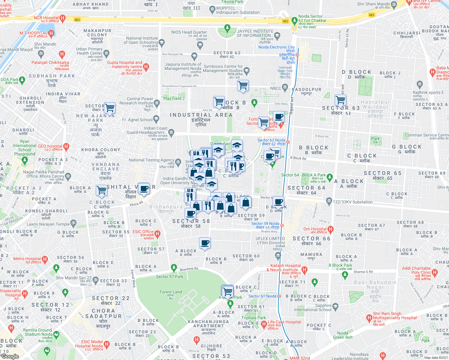 map of restaurants, bars, coffee shops, grocery stores, and more near in Noida