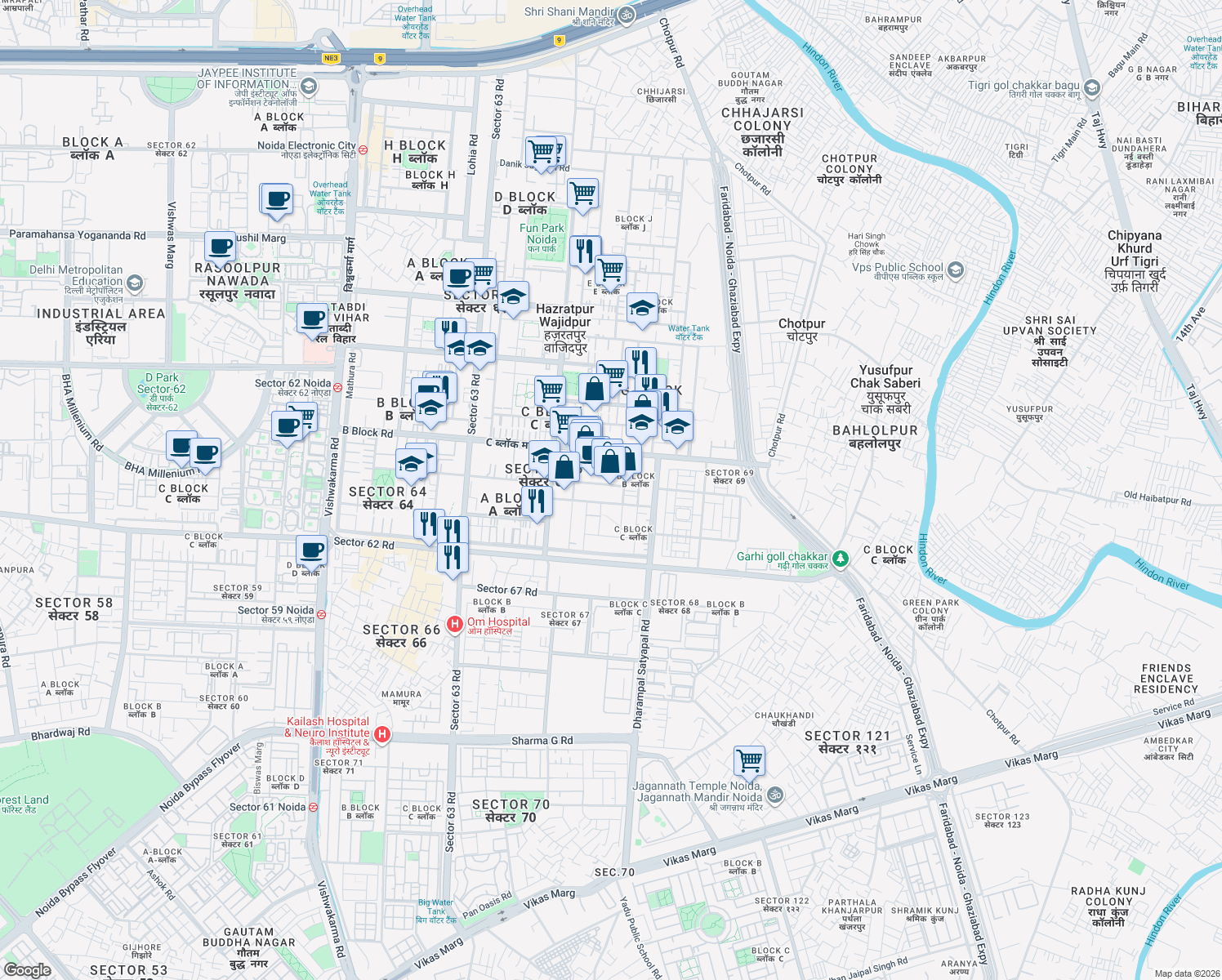 map of restaurants, bars, coffee shops, grocery stores, and more near in Noida